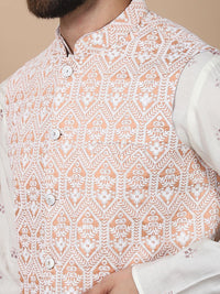 Anouk Cream-Coloured Floral Embroidered Cotton Silk Kurta with Churidar & Nehru Jacket