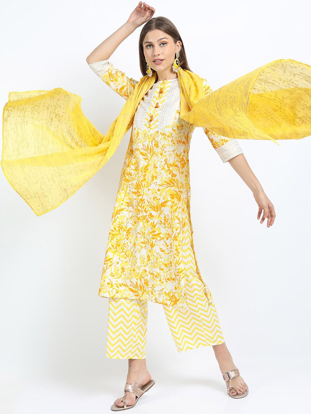 Vishudh Women Mustard Yellow Printed Kurta with Trousers & With Dupatta