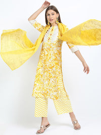 Vishudh Women Mustard Yellow Printed Kurta with Trousers & With Dupatta