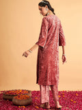 Shae by SASSAFRAS Pink Floral Yoke Design Velvet Thread Work Flared Sleeves Kurta