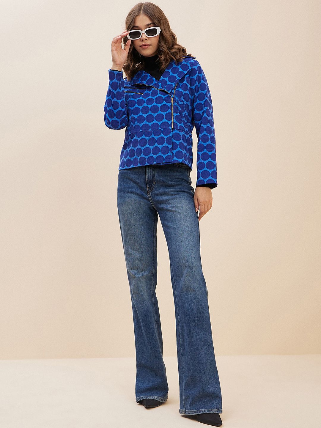 Antheaa Women Blue Geometric Corduroy Crop Tailored Jacket