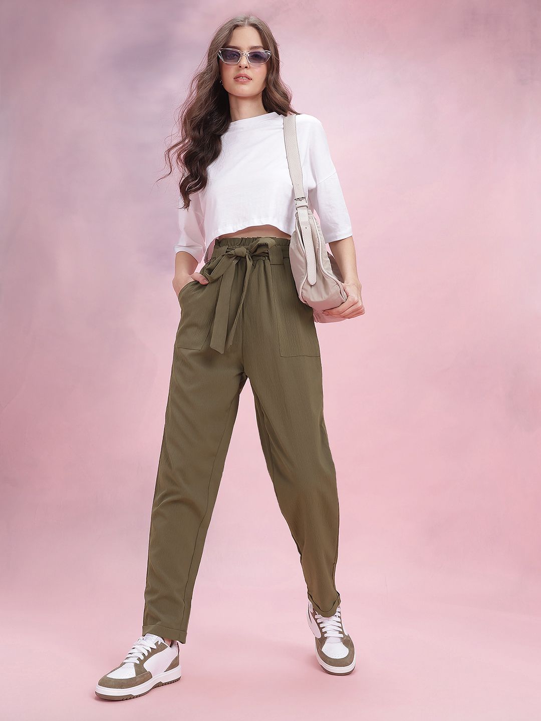 DressBerry Women Crinkled Belted Trousers