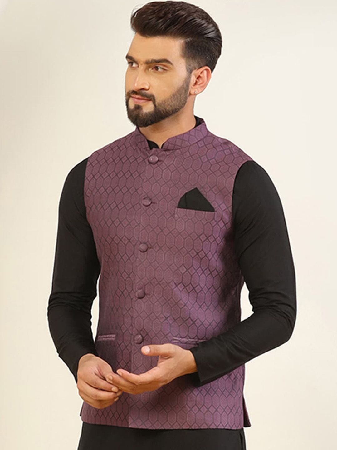 KISAH Men Woven Jacquard Zari  Regular Fit Nehru Jacket