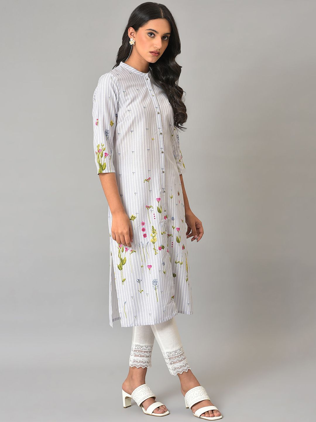 W Women Blue Printed Pathani Kurta