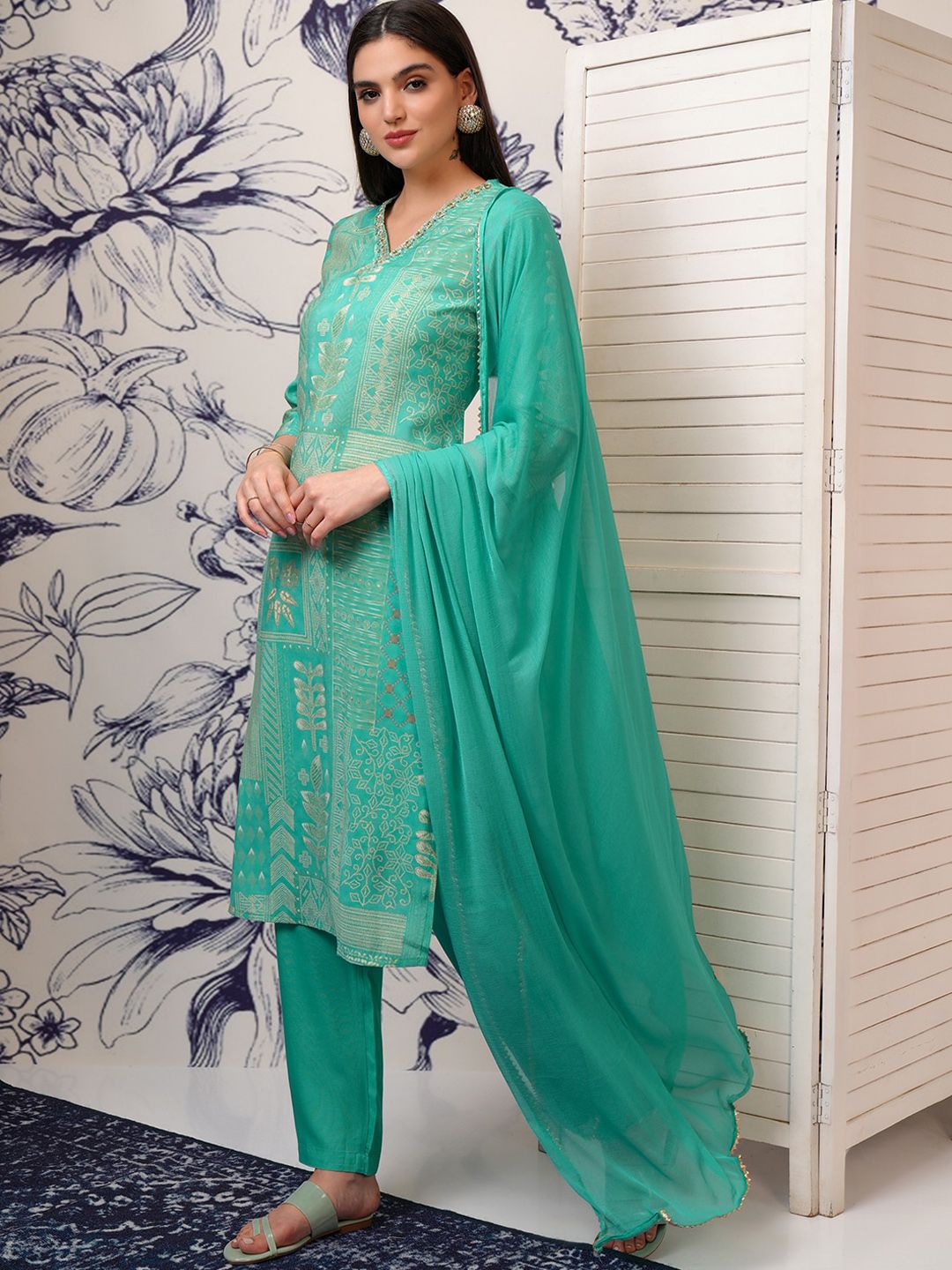 Vishudh Floral Printed Regular Beads and Stones Kurta with Trouser & Dupatta