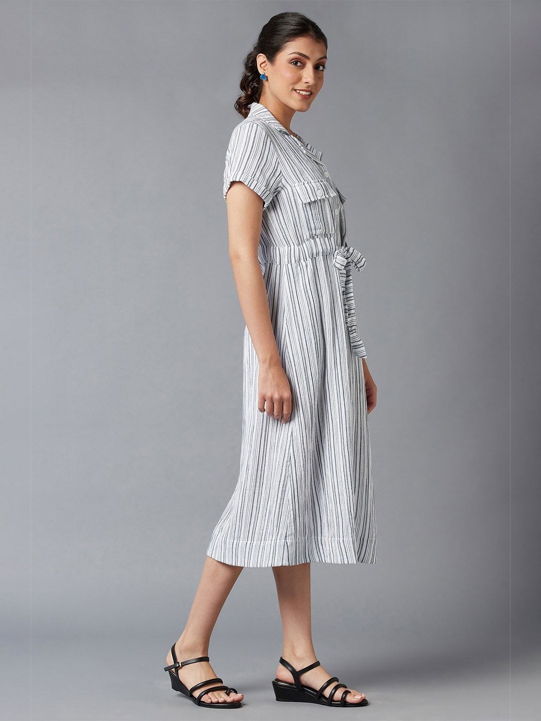W Blue Striped Shirt Midi Dress