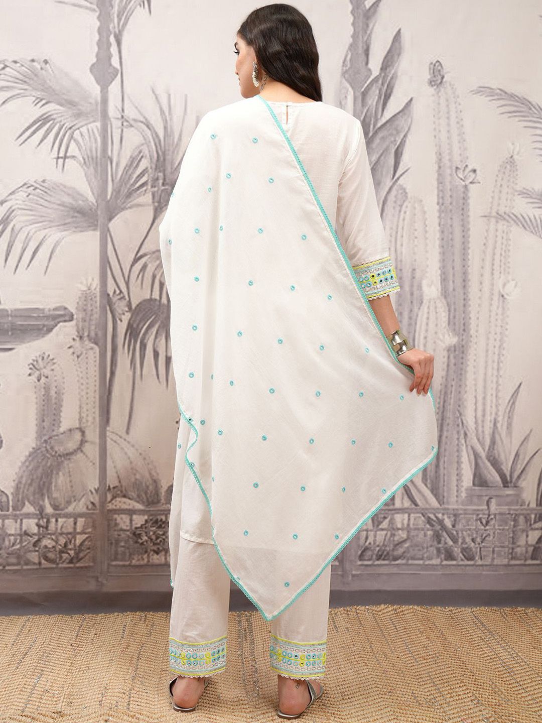 Vishudh Floral Embroidered Regular Thread Work Pure Cotton Kurta with Trousers & Dupatta