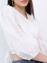 Tokyo Talkies Floral Embroidered V-Neck Puff Sleeve Wrap Crop Top