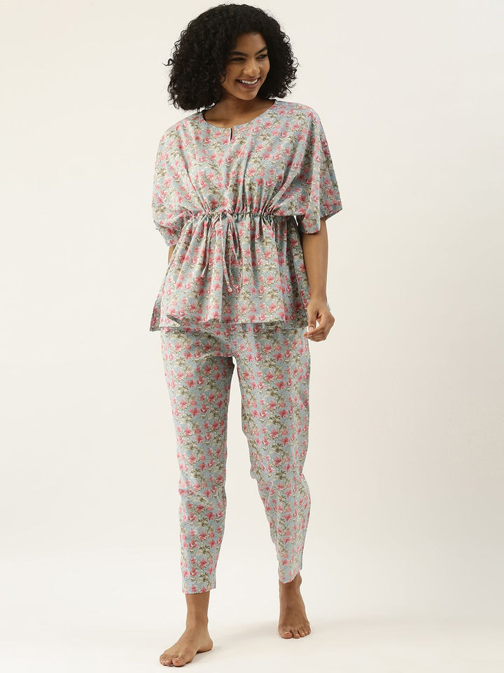 Sanskrutihomes Wanita Set Pajama Kapas Biru & Pink Printed