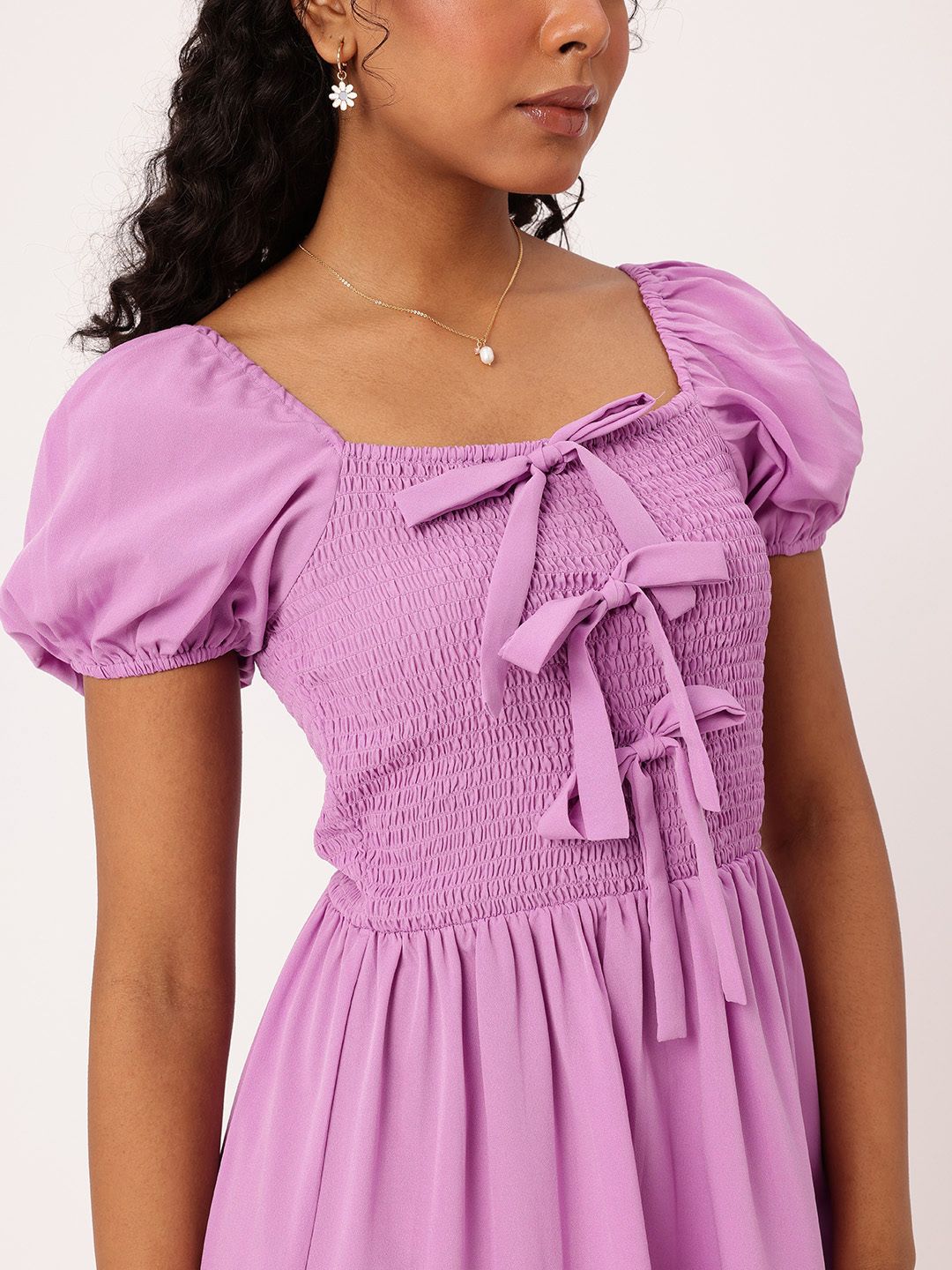 DressBerry Breathe Basics Bowed & Smocked A-Line Mini Dress