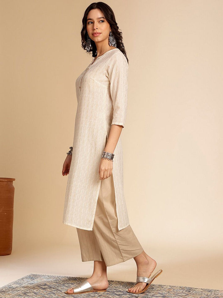 Anouk Off White Printed Mandarin Collar Cotton Straight Kurta