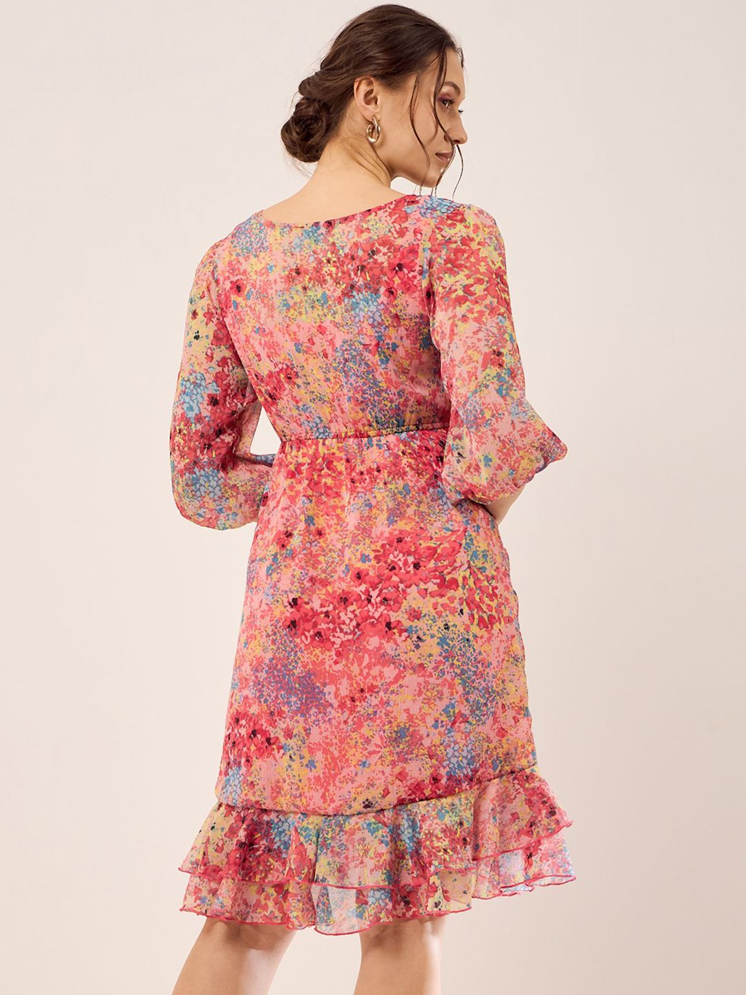 Antheaa Peach Floral Print V-Neck Puff Sleeve Layered Chiffon Wrap Dress