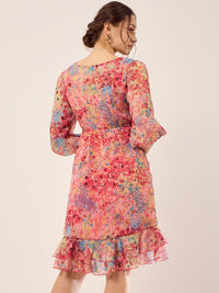 Antheaa Peach Floral Print V-Neck Puff Sleeve Layered Chiffon Wrap Dress