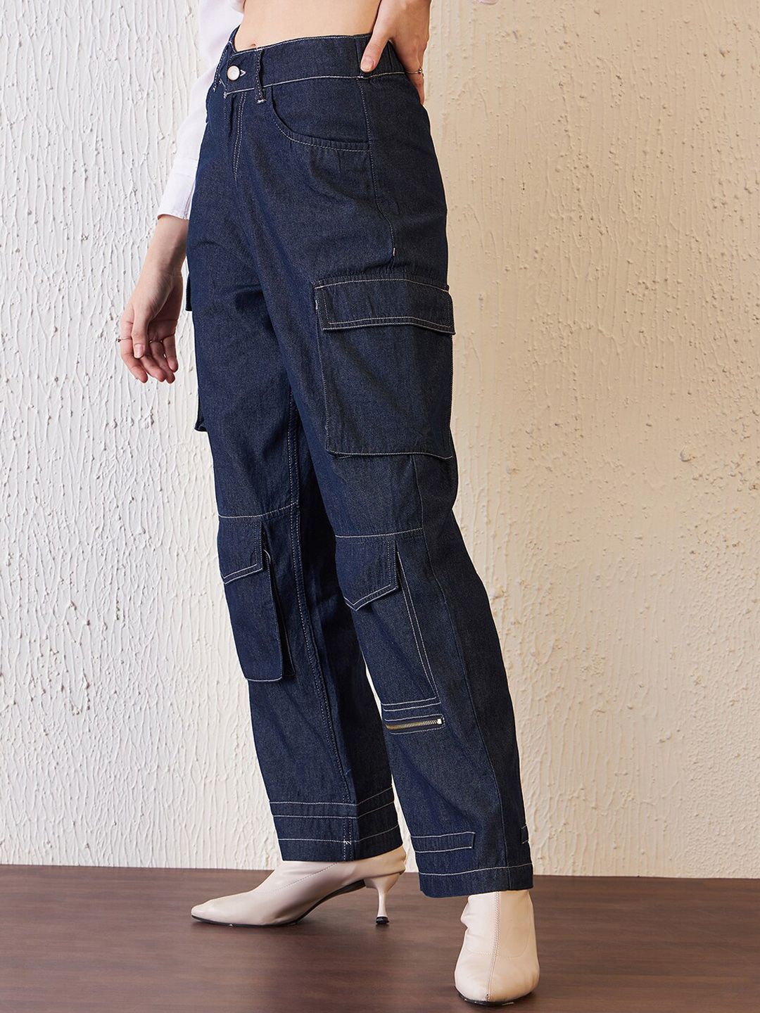 Antheaa Women Blue Comfort Relaxed Fit Stretchable Denim Cargo