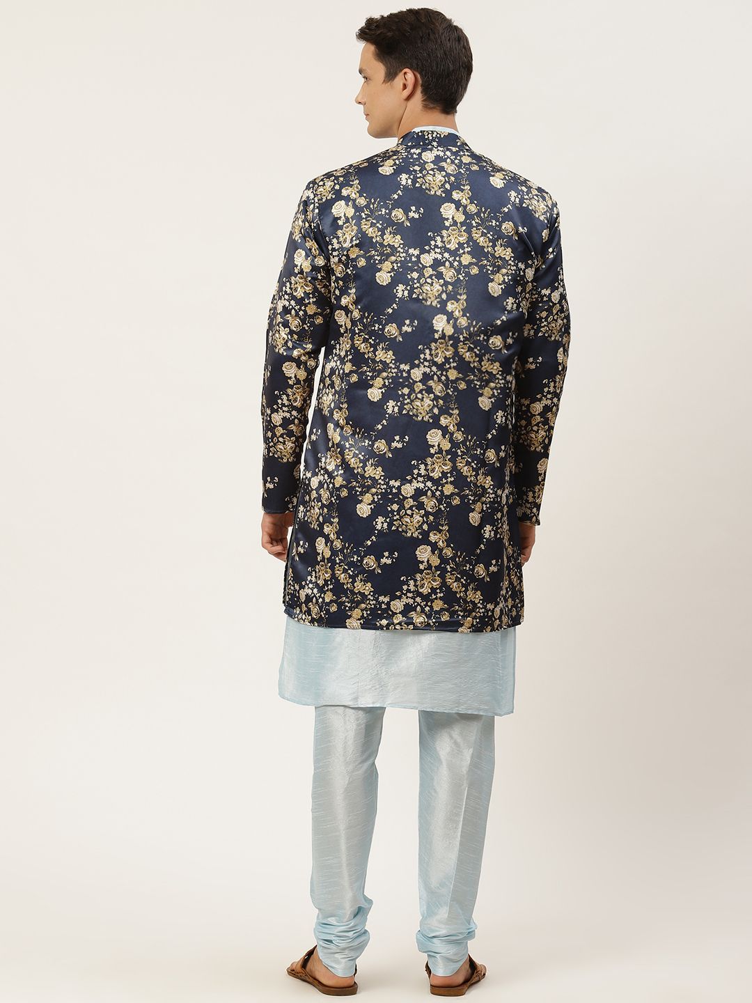 SOJANYA Men Blue Solid Kurta Set With Printed Jacket