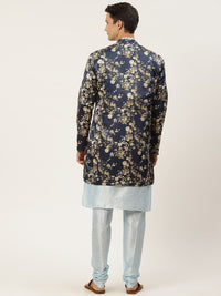 SOJANYA Set Kurta Solid Biru Lelaki Dengan Jaket Bercetak