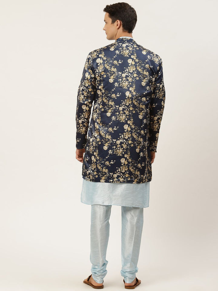 SOJANYA Men Blue Solid Kurta Set With Printed Jacket