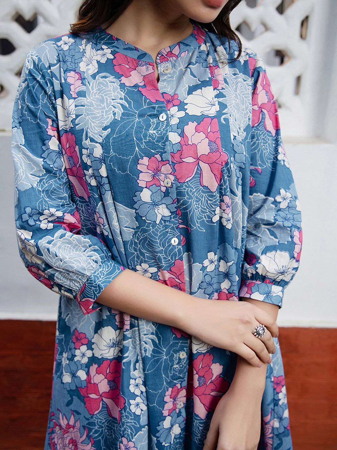 Janasya Floral Printed Mandarin Collar Pure Cotton Pleated A-Line Tunic