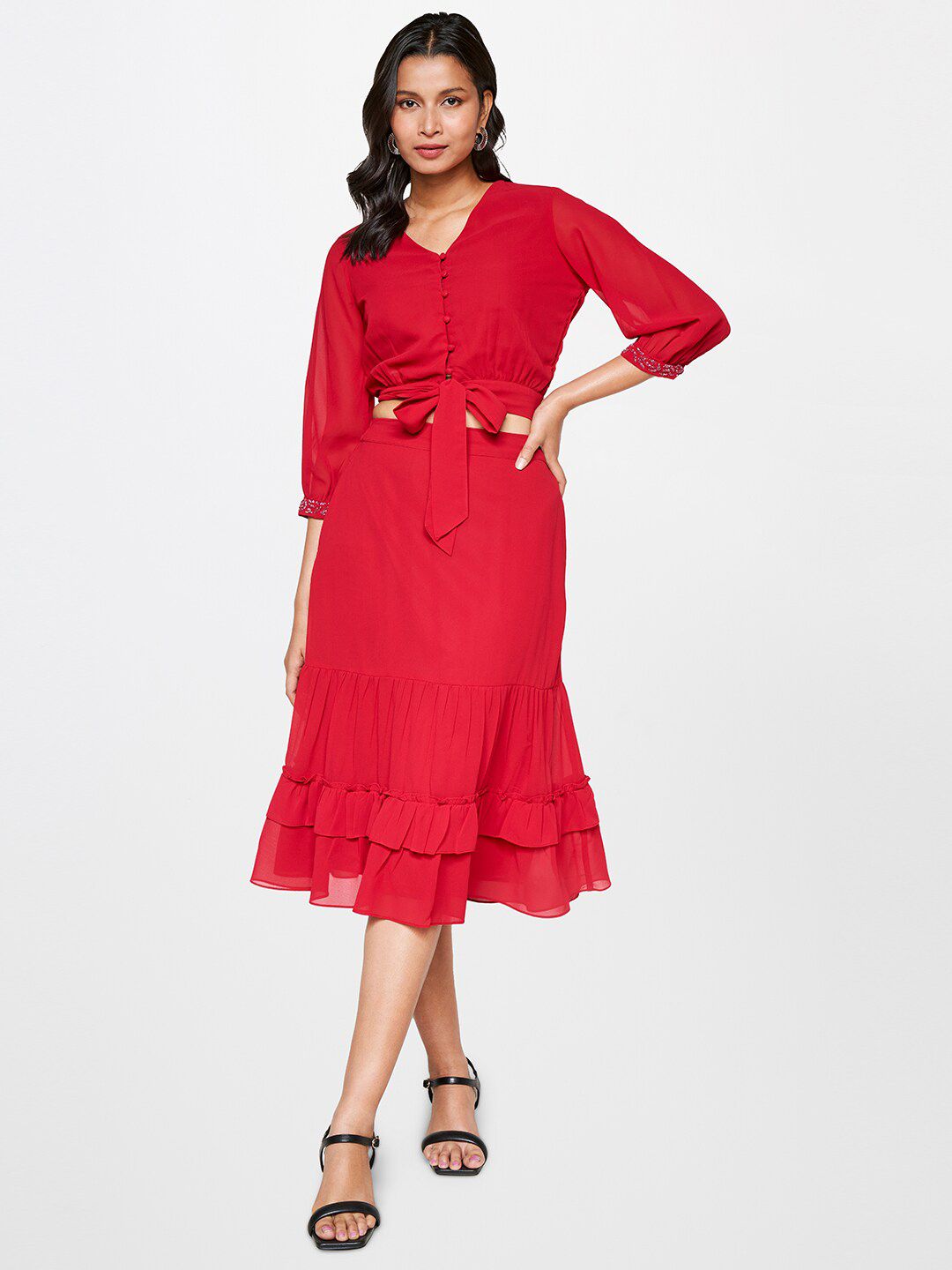 AND V-Neck Puff Sleeves Crop Top With Skirt Co-Ords