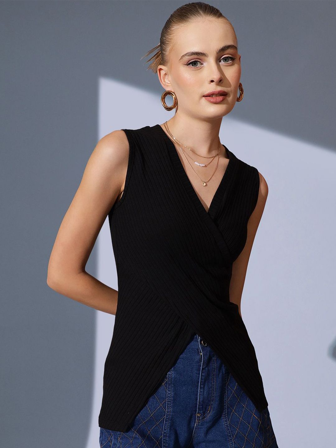 STREET 9 Solid V-Neck Sleeveless Wrap Top