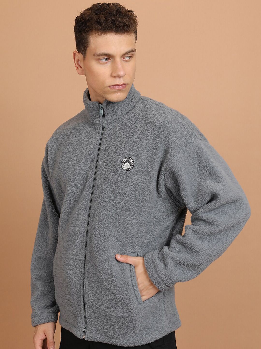 HIGHLANDER Grey Mock Collar Drop Shoulder Sleeves Oversized Front-Open Sweatshirt