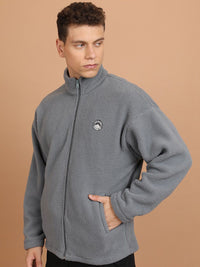 HIGHLANDER Grey Mock Collar Drop Shoulder Sleeves Oversized Front-Open Sweatshirt