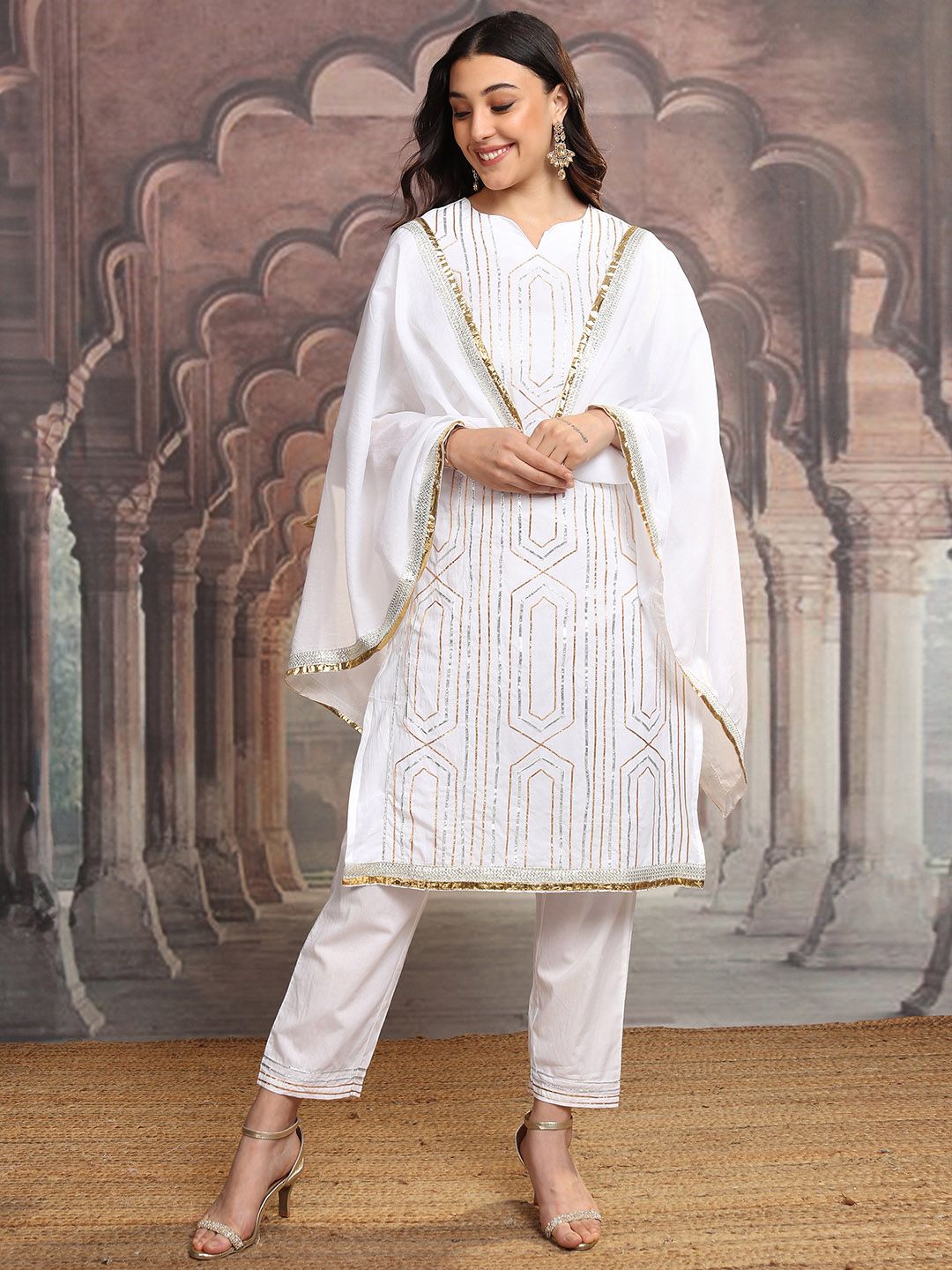 Vishudh White & Gold Embroidered Gotta Patti Pure Cotton Kurta with Trousers & Dupatta
