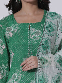 W Floral Printed Regular Mirror Work Straight Kurta with Trousers & With Dupatta