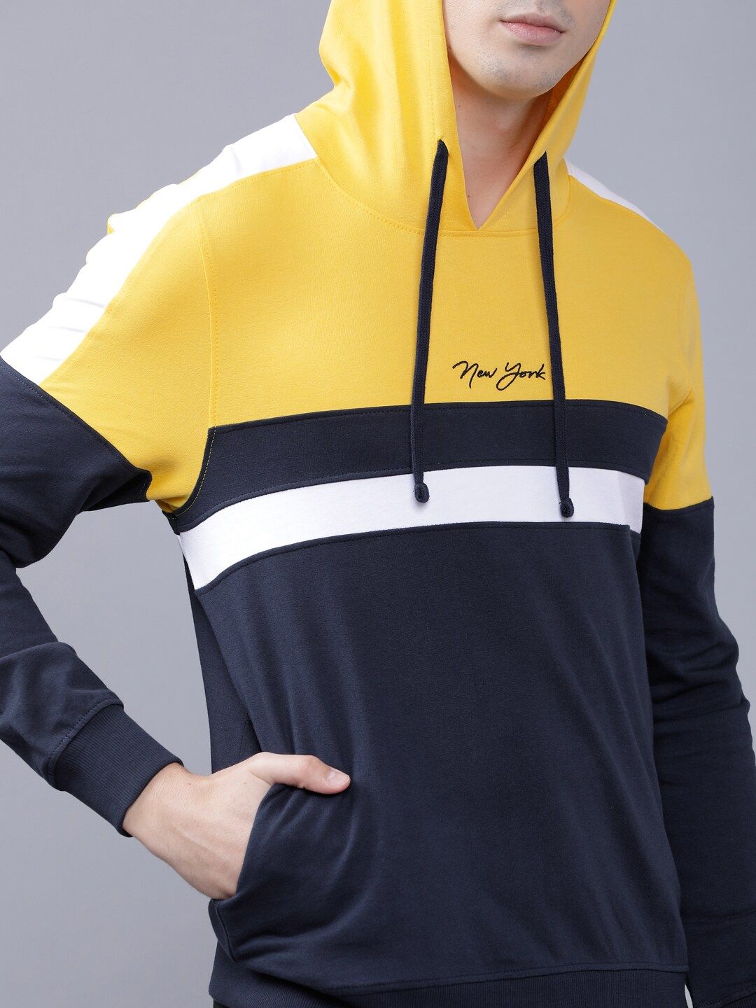 The Indian Garage Co Men Navy Blue & Yellow Colourblocked Hooded Sweatshirt