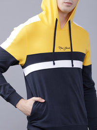 The Indian Garage Co Men Navy Blue & Yellow Colourblocked Hooded Sweatshirt
