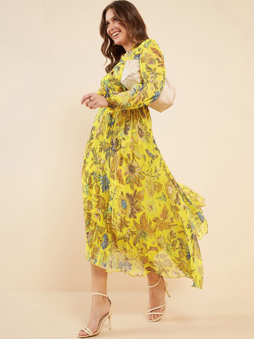 Antheaa Yellow Printed Pleated Puff Sleeves Belted Chiffon Fit & Flare Midi Dress