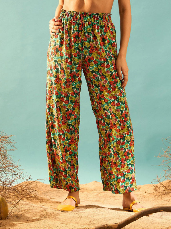 Berrylush Women Floral Printed Relaxed Straight Leg Regular Fit High-Rise Plain Trousers