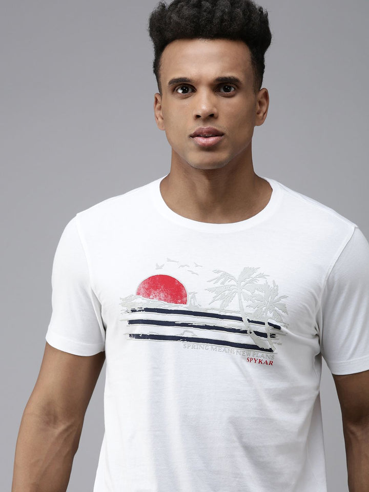 SPYKAR Graphic Print Round Neck Knitted Pure Cotton Slim Fit T-shirt