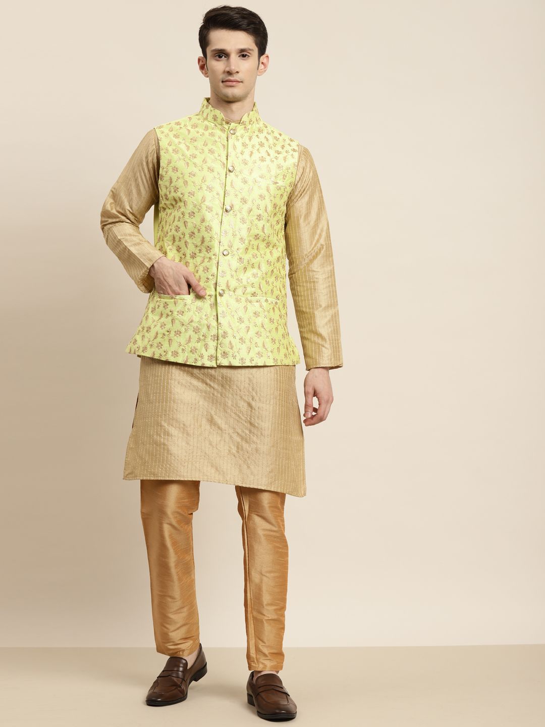 SOJANYA Kurta Lelaki Emas & Hijau Limau dengan Jaket Churidar & Nehru