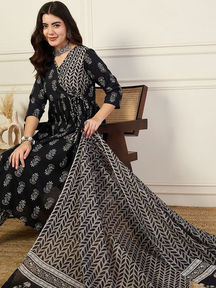 KALINI V-Neck Floral Printed Angrakha Anarkali Kurta with Trouser & Dupatta