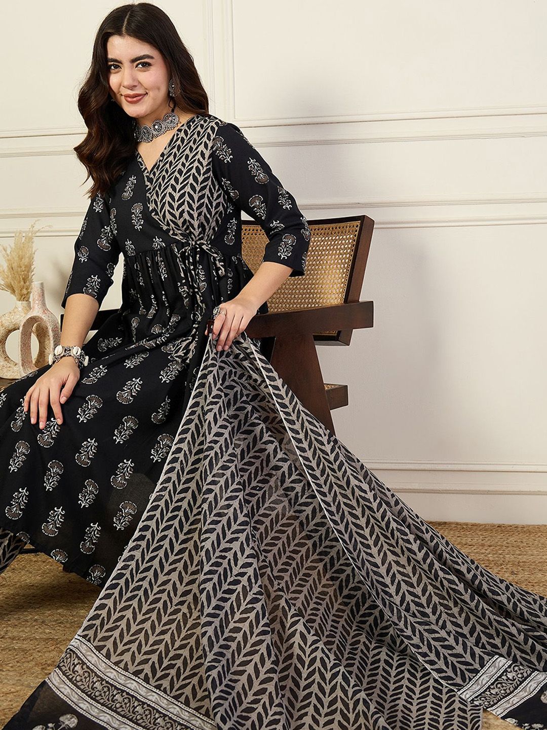 KALINI V-Neck Floral Printed Angrakha Anarkali Kurta with Trouser & Dupatta