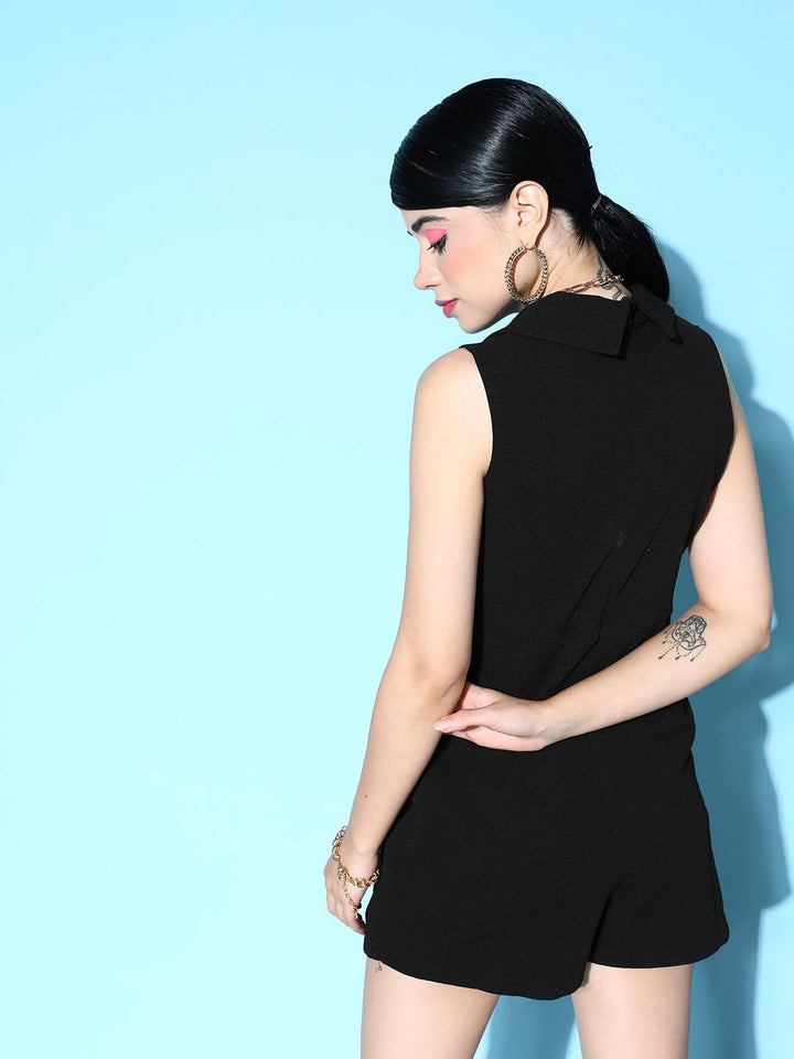 Berrylush Black Solid Notched Lapel Neck Jumpsuit