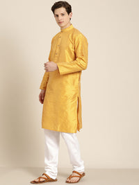 SOJANYA Lelaki Mustard Yellow & Beige Striped Thread Work Straight Kurta Churidar NehruJacket