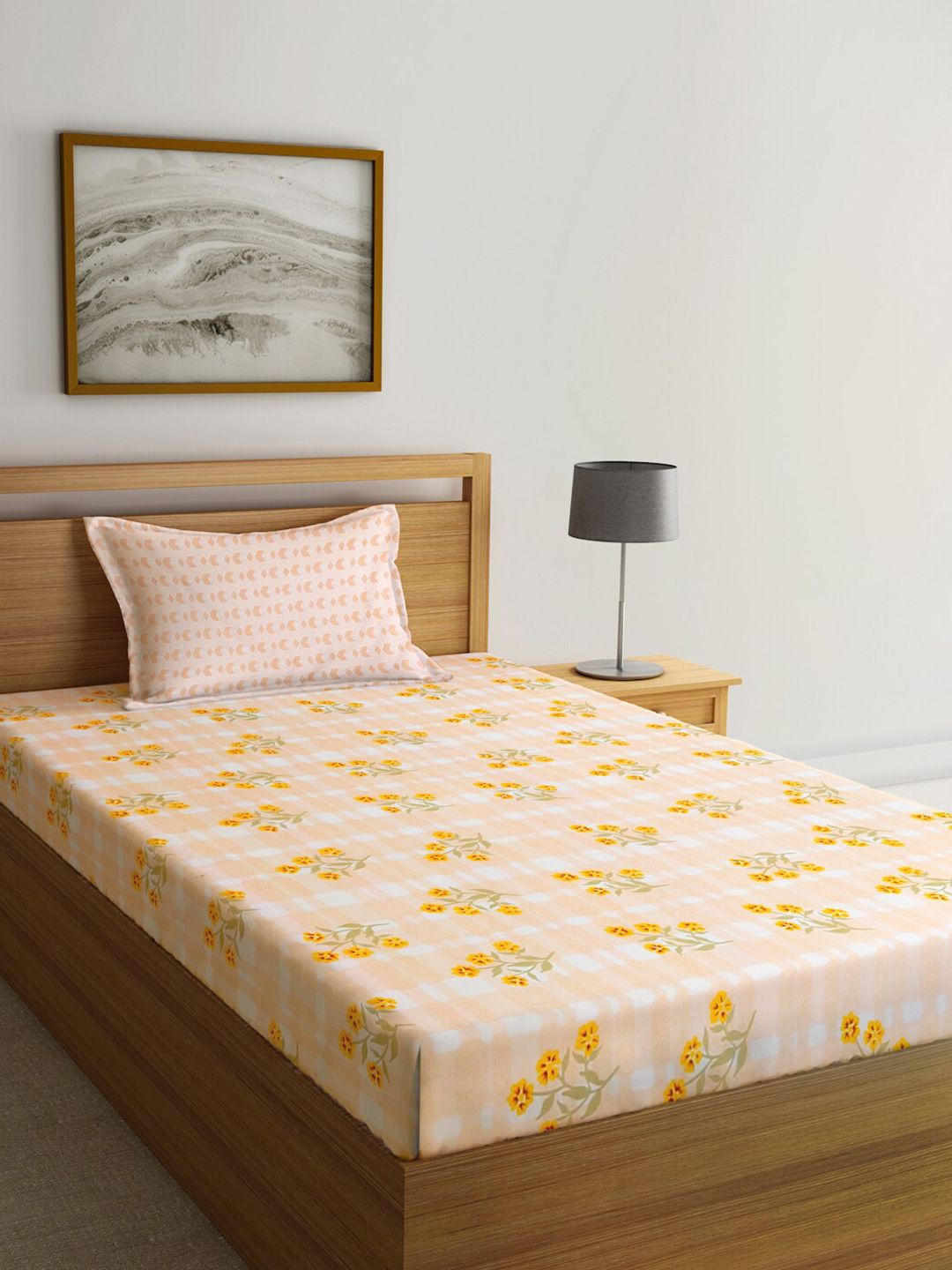 KLOTTHE Yellow & White Floral Printed 300 TC Single Bedsheet & Pillow Cover