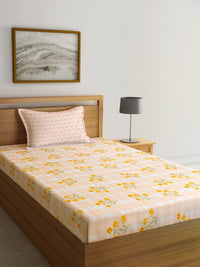 KLOTTHE Yellow & White Floral Printed 300 TC Single Bedsheet & Pillow Cover