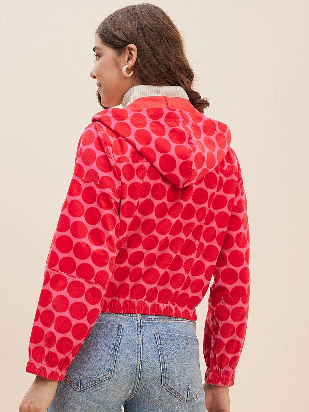 Antheaa Pink Geometric Printed Hooded Neck Corduroy Crop Bomber Jacket