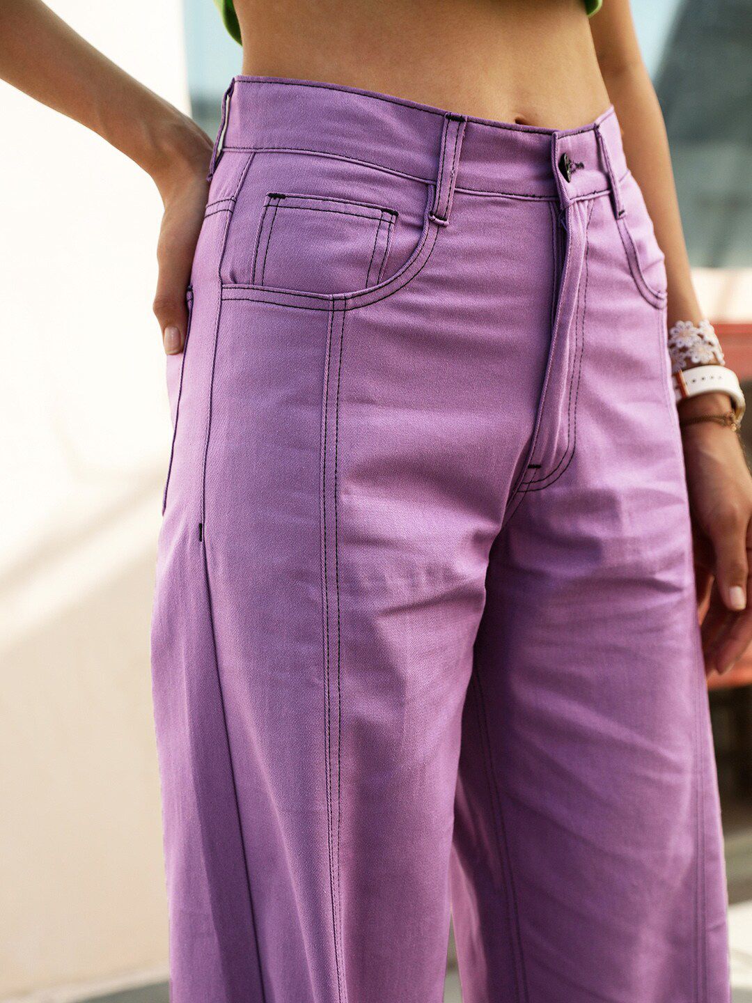 STREET 9 Women Lavender Relaxed High-Rise Cotton Trousers