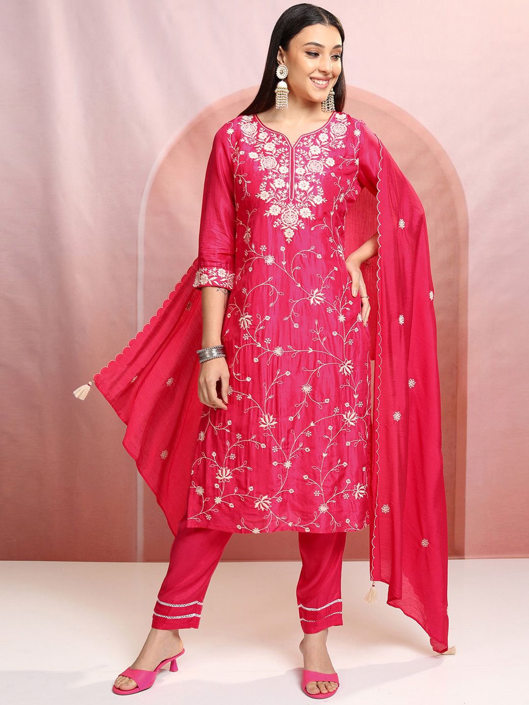 Vishudh Pink Floral Embroidered Thread Work Straight Kurta With Trousers & Dupatta