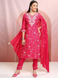 Vishudh Pink Floral Embroidered Thread Work Straight Kurta With Trousers & Dupatta