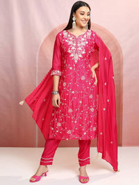 Vishudh Pink Floral Embroidered Thread Work Straight Kurta With Trousers & Dupatta