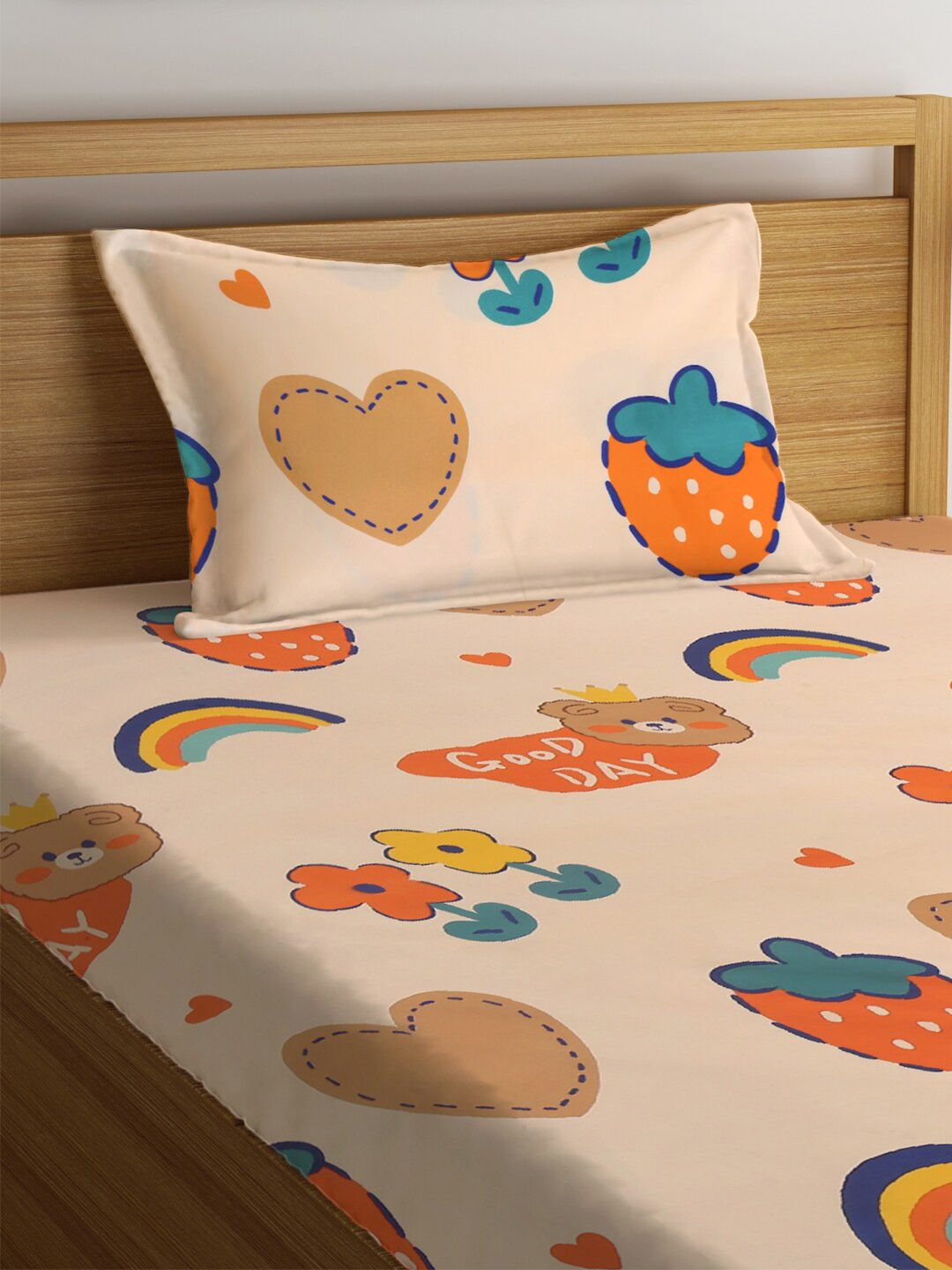 KLOTTHE Pink Conversational Cotton 300 TC Fitted Single Fine Bedsheet with a Pillow Cover-220 x 150 cm
