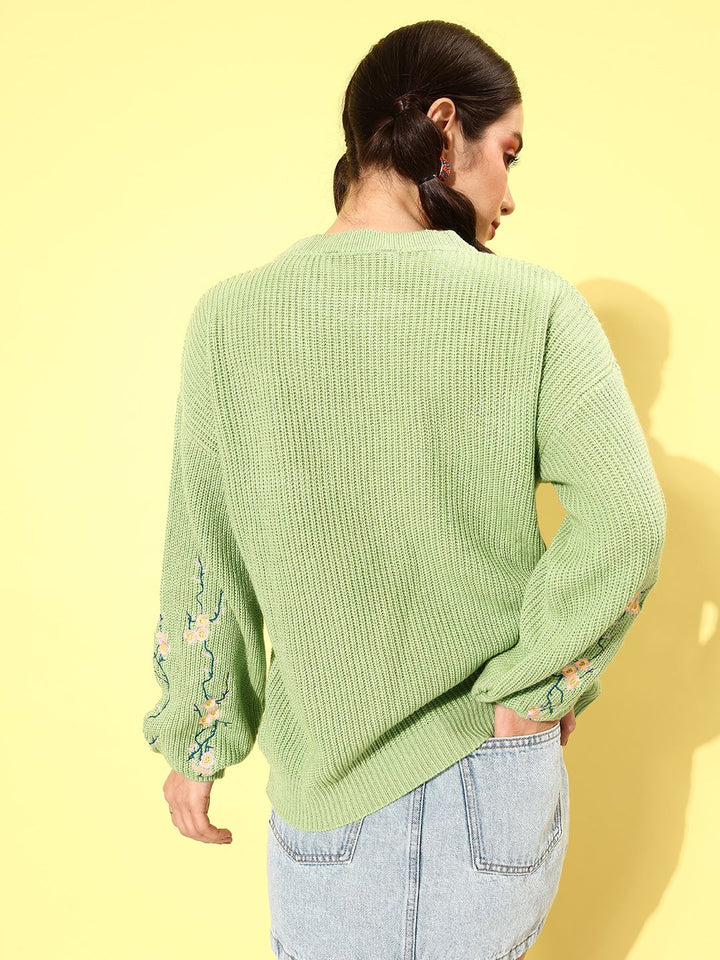 DressBerry Round Neck Pullover With Floral Embroidered Detail On Sleeves