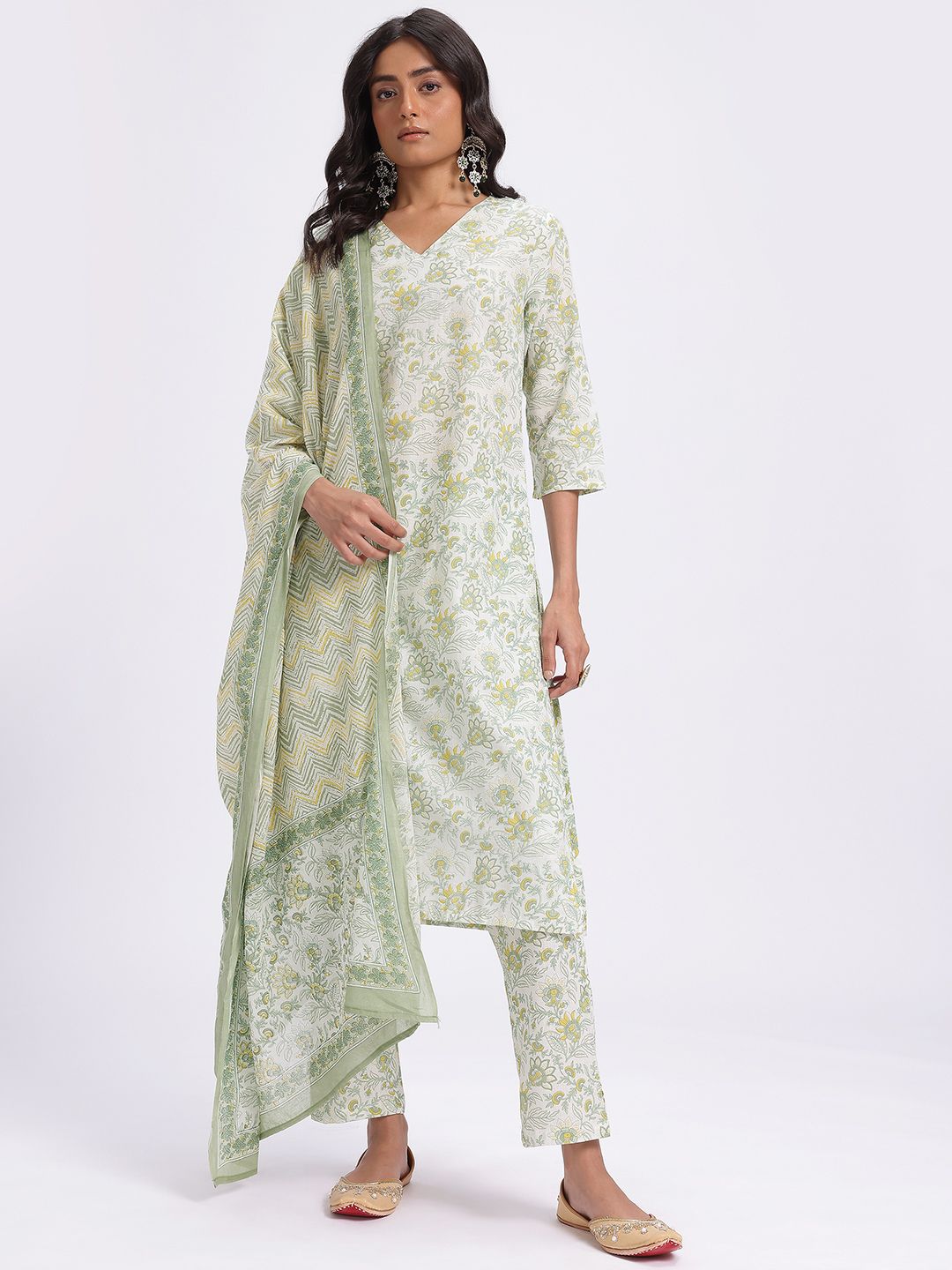 Anouk Floral Printed Cotton Kurta with Trousers & With Dupatta