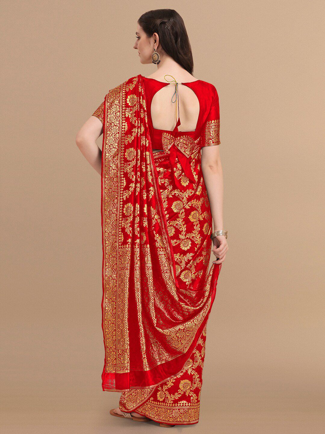 KALINI Red & Golden Floral Zari Silk Blend Banarasi Saree