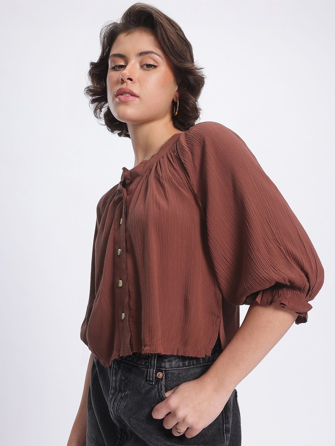 DressBerry Unfinished Business Raw Edges Shirt-Style Top